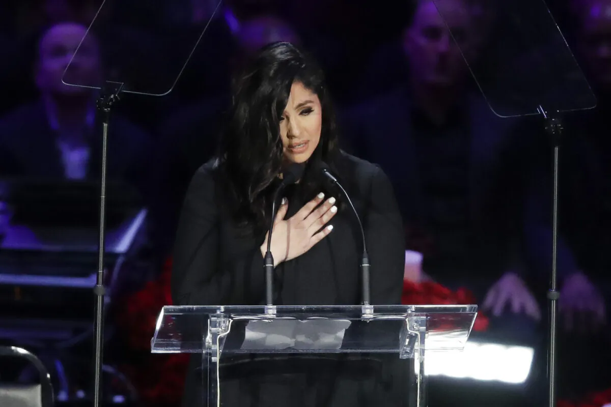 Vanessa Bryant speaks during a celebration of life for her husband Kobe Bryant and daughter Gianna in Los Angeles, on Feb. 24, 2020. (Marcio Jose Sanchez/AP Photo)