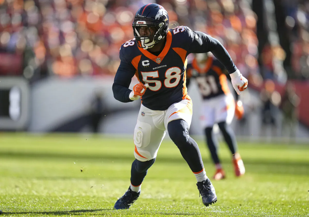Denver Broncos outside linebacker Von Miller (58) against the Las Vegas Raiders during the first half of an NFL football game in Denver, on Oct. 17, 2021. (Jack Dempsey/AP Photo)