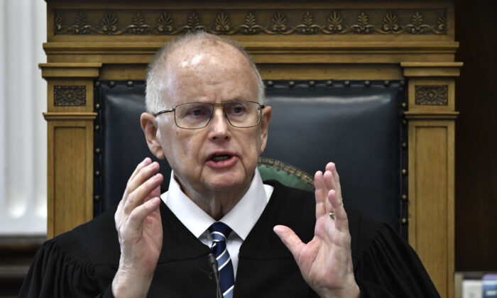 Circuit Court Judge Bruce Schroeder addresses the jury pool at the start of jury selection on the first day of trial for Kyle Rittenhouse in Kenosha, Wis., on Nov. 1, 2021. (Sean Krajacic/The Kenosha News via AP)