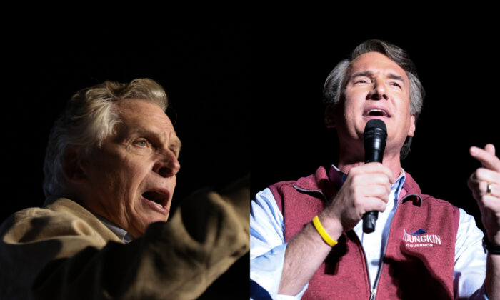 Democrat Terry McAuliffe (L) and Republican Glenn Youngkin (R) are seen on the eve of the Virginia gubernatorial election at separate rallies in undated file photos. (Getty Images)
