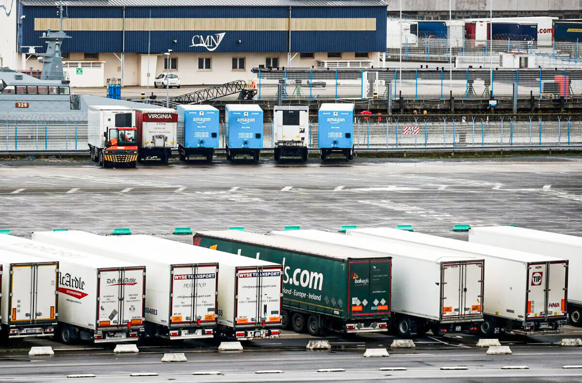 Amazon trailer trucks are seen at Cherbourg Harbour, France on Jan. 21, 2021. (Gonzalo Fuentes/Reuters)