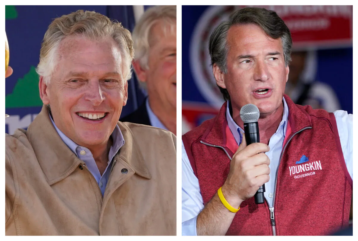 (Left) Democratic gubernatorial candidate former Gov. Terry McAuliffe, speaks to supporters during a rally in Richmond, Va., on Nov. 1, 2021. (Steve Helber/AP Photo); (Right) Republican gubernatorial candidate Glenn Youngkin gestures as he speaks to supporters during a rally in Chesterfield, Va., on Nov. 1, 2021. (Steve Helber/AP Photo)