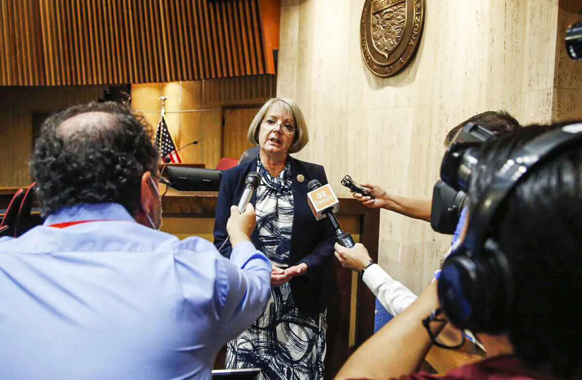 Arizona Senate President Karen Fann talks to reporters in Phoenix, Ariz., on May 26, 2020. (Ross D. Franklin/AP Photo)