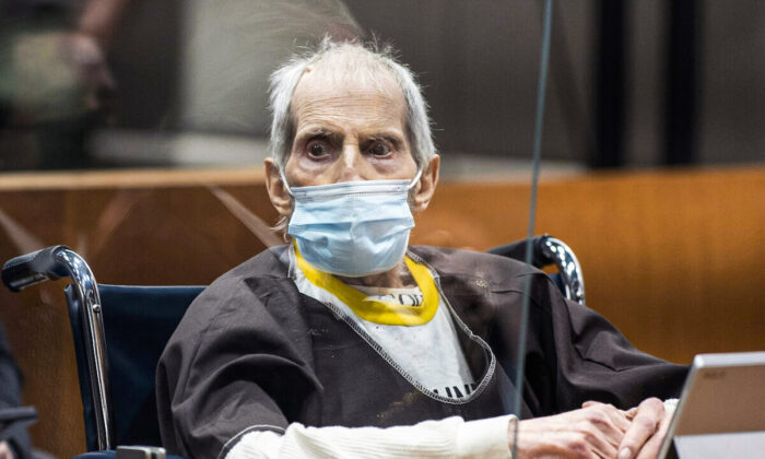 New York real estate heir Robert Durst is sentenced to life in prison without the possibility of parole for killing his best friend Susan Berman at the Airport Courthouse in Los Angeles, on Oct. 14, 2021. (Myung J. Chun/Pool/AFP via Getty Images)