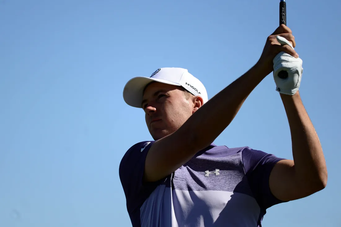 Jordan Spieth tees off on the seventh during the first round of the CJ Cup golf tournament, in Las Vegas, Nev., on Oct. 14, 2021. (Joe Camporeale/USA TODAY Sports via Field Level Media)