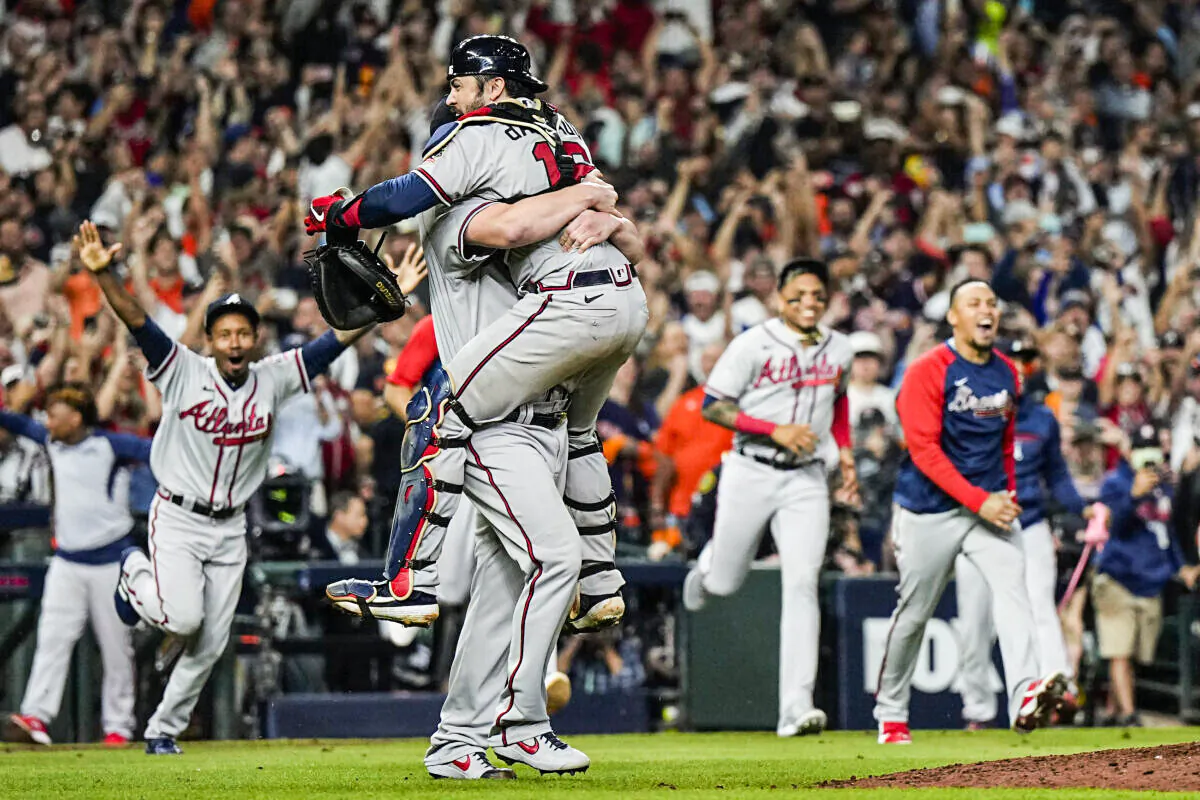 The Atlanta Braves celebrate after winning baseball’s World Series in Game 6 against the Houston Astros in Houston, on Nov. 2, 2021. (David J. Phillip/AP Photo)