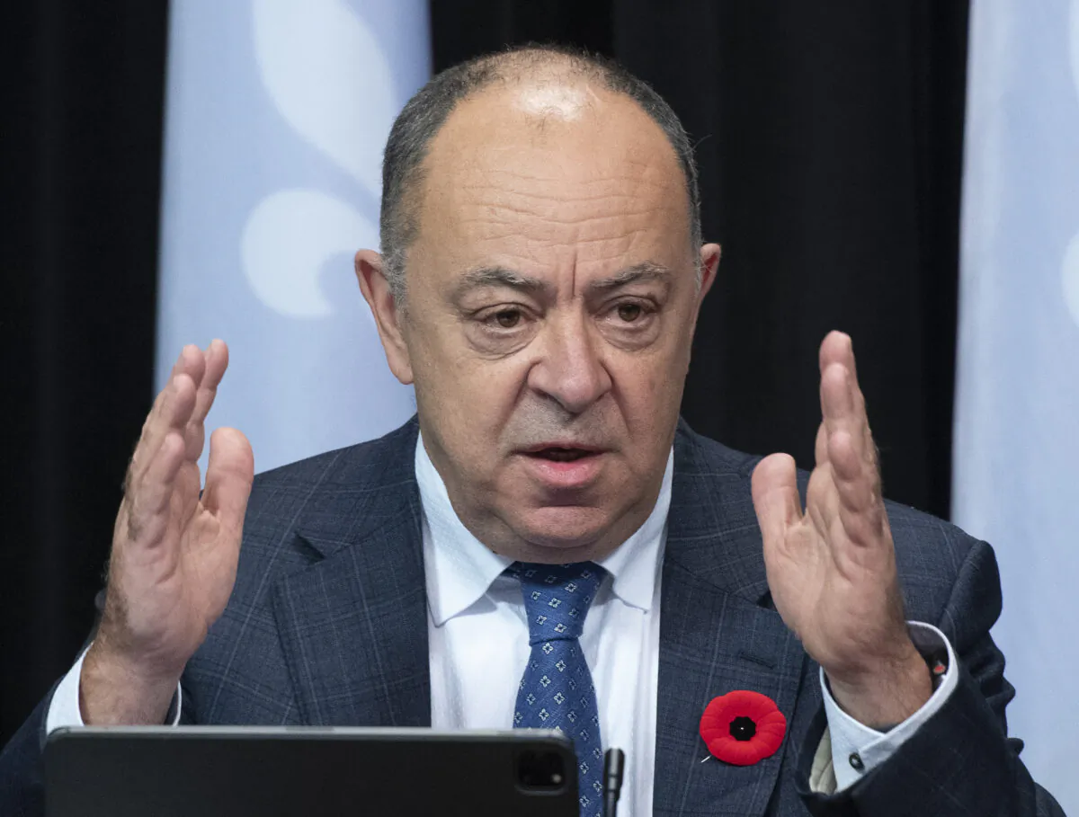 Quebec Health Minister Christian Dube speaks during a news conference on the COVID-19 pandemic  at the legislature in Quebec City on Nov. 2, 2021. (The Canadian Press/Jacques Boissinot)