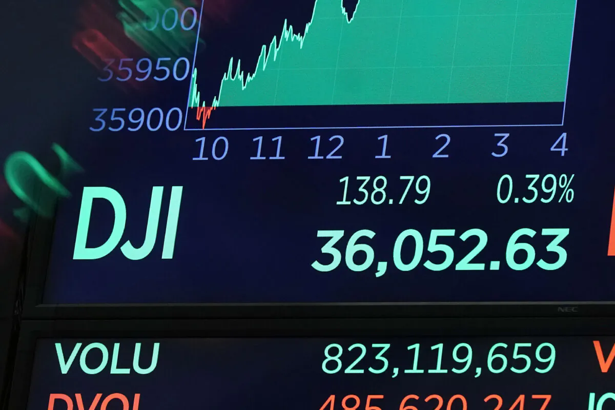 A board above the trading floor of the New York Stock Exchange shows the closing number for the Dow Jones Industrial Average on Nov. 2, 2021. (Richard Drew/AP Photo)