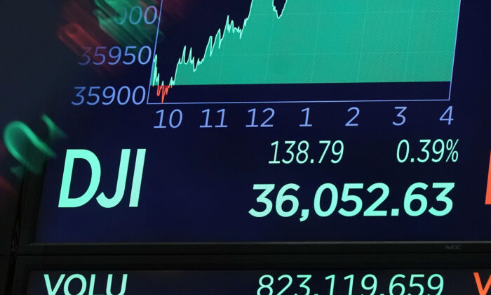 A board above the trading floor of the New York Stock Exchange shows the closing number for the Dow Jones Industrial Average on Nov. 2, 2021. (Richard Drew/AP Photo)