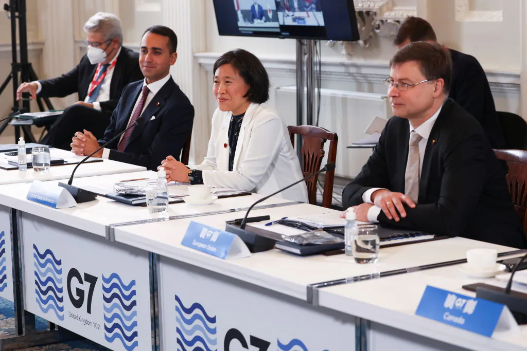 U.S. Trade Representative Katherine Tai (R2) attends a G7 trade summit at Mansion House in London, on Oct. 22, 2021. (Henry Nicholls/WPA Pool/Getty Images)