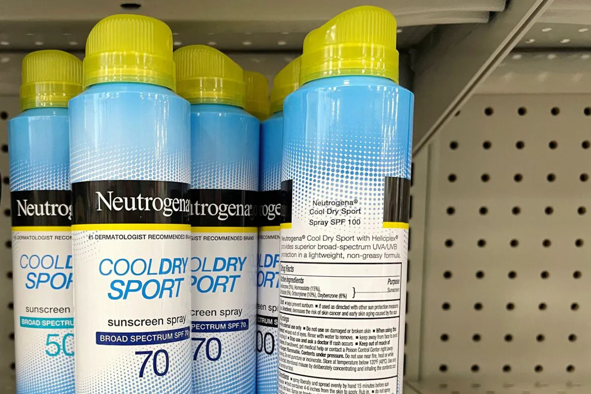 Johnson & Johnson’s Neutrogena Cool Dry Sport sunscreen, sits on a shelf at a store in Gloucester, Mass., on July 15, 2021. (Brian Snyder/Reuters)