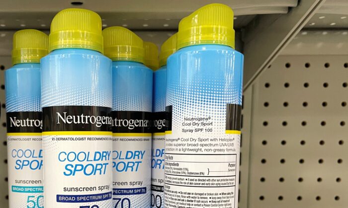 Johnson & Johnson’s Neutrogena Cool Dry Sport sunscreen, sits on a shelf at a store in Gloucester, Mass., on July 15, 2021. (Brian Snyder/Reuters)