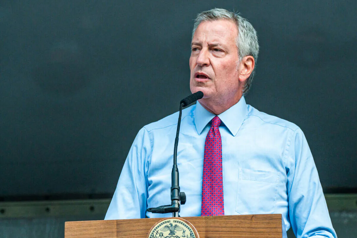 NEW YORK, NY - August 03: New York City Mayor Bill DeBlasio presents a proclamation at the 46th Precincts National Night Out on August 3, 2021 in the Bronx borough of New York City. National Night Out an annual community-building campaign established in 1970 is intended to promote police-community partnerships and neighborhood camaraderie. (Photo by David Dee Delgado/Getty Images)