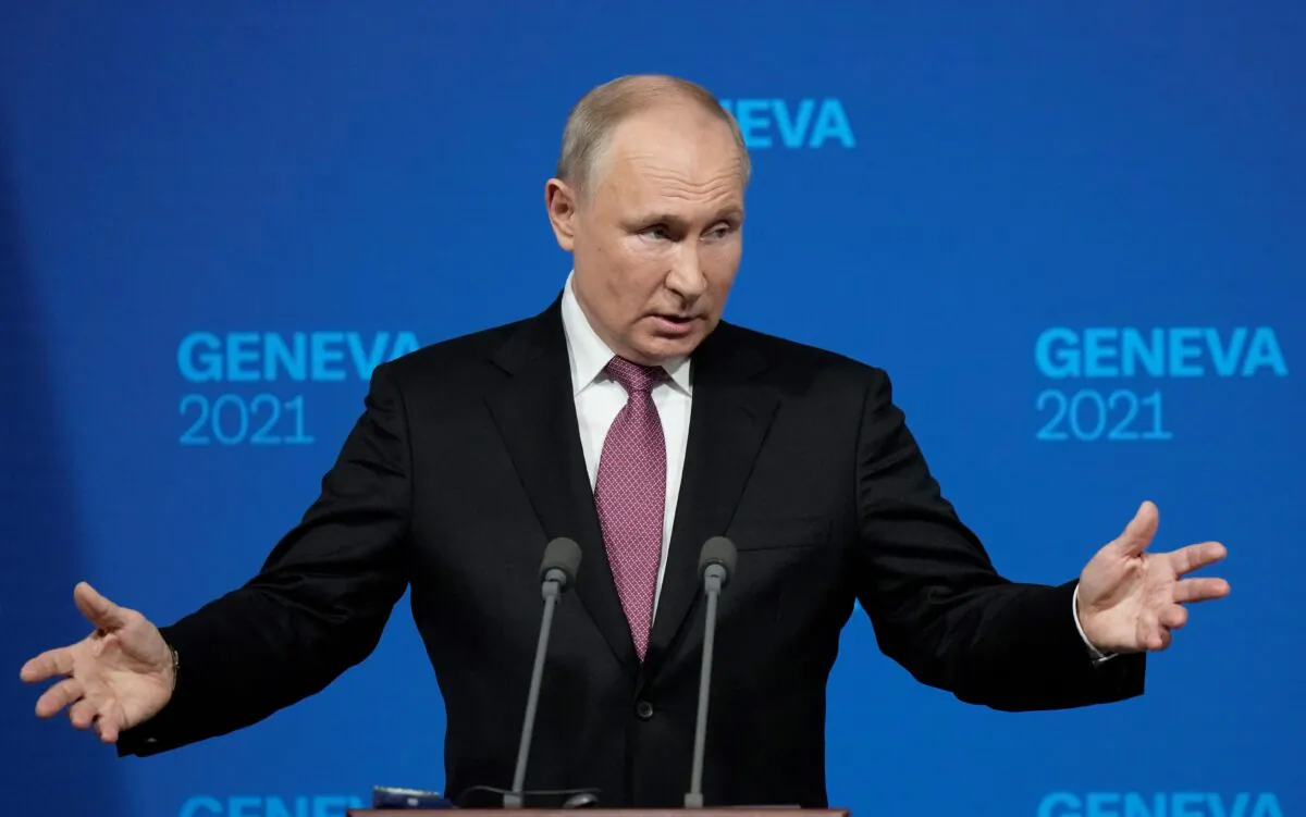 Russian President Vladimir Putin holds a press conference in Geneva, Switzerland, on June 16, 2021. (Alexander Zemlianichenko/POOL/AFP via Getty Images)
