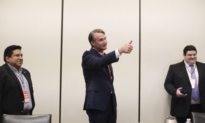 Republican gubernatorial candidate Glenn Youngkin gives a thumbs up after learning that polling numbers indicated that he was ahead in the Virginia gubernatorial race in Chantilly, Va., on Nov. 2, 2021. (Anna Moneymaker/Getty Images)