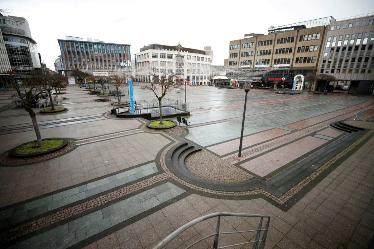 Picture shows the abandoned Kennedy Square due to the coronavirus disease (COVID-19) pandemic lockdown in downtown Essen, Germany on March 11, 2021. (Wolfgang Rattay/Reuters)