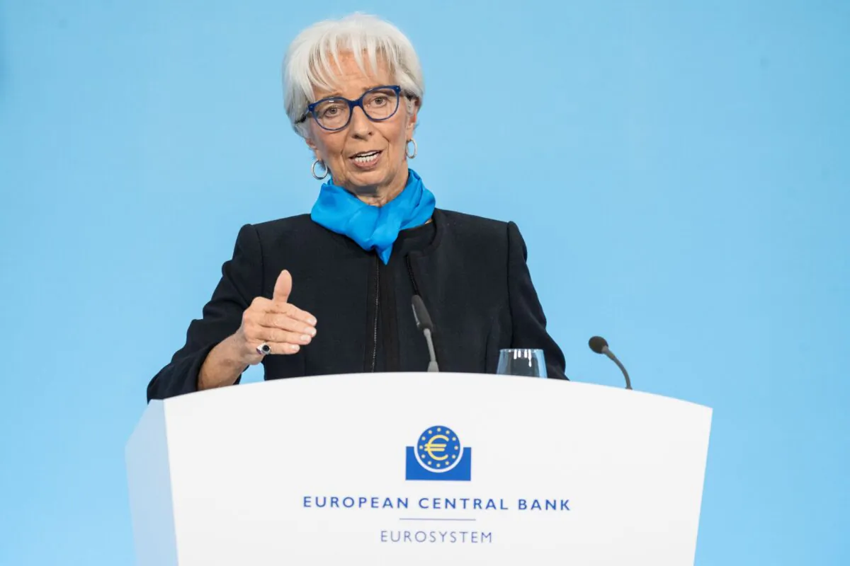 Christine Lagarde, head of the European Central Bank (ECB), speaks at a press conference in Frankfurt, Germany, on Oct. 28, 2021. (Thomas Lohnes/Getty Images)