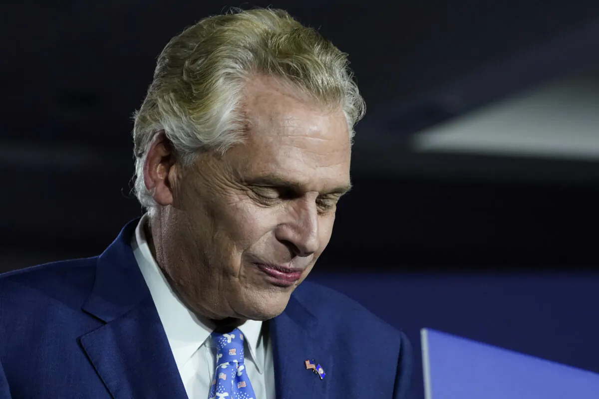 Democratic gubernatorial candidate Terry McAuliffe prepares to speak at an election night party in McLean, Va., on Nov. 2, 2021. (Steve Helber/AP Photo)