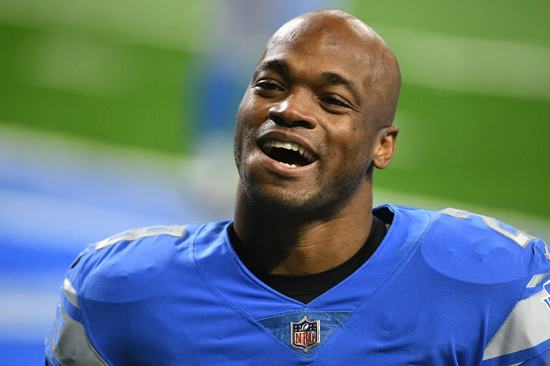 Detroit Lions running back Adrian Peterson (28) reacts before the game against the Minnesota Vikings at Ford Field in Detroit, Michigan, on Jan. 3, 2021. (Tim Fuller/USA TODAY Sports via Field Level Media)