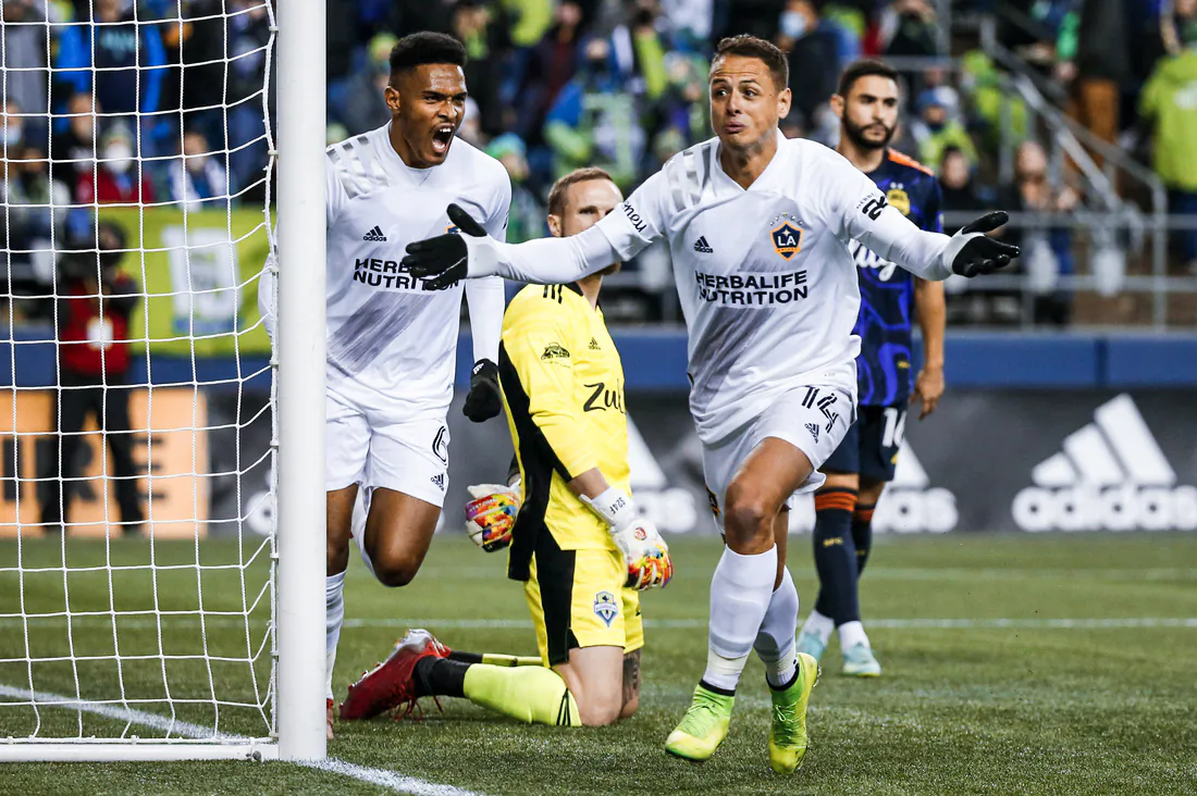 Los Angeles Galaxy forward Javier Hernandez (14) celebrates after scoring a goal against the Seattle Sounders FC during the first half at Lumen Field in Seattle, Washington, on Nov 1, 2021. (Joe Nicholson/USA TODAY Sports via Field Level Media)