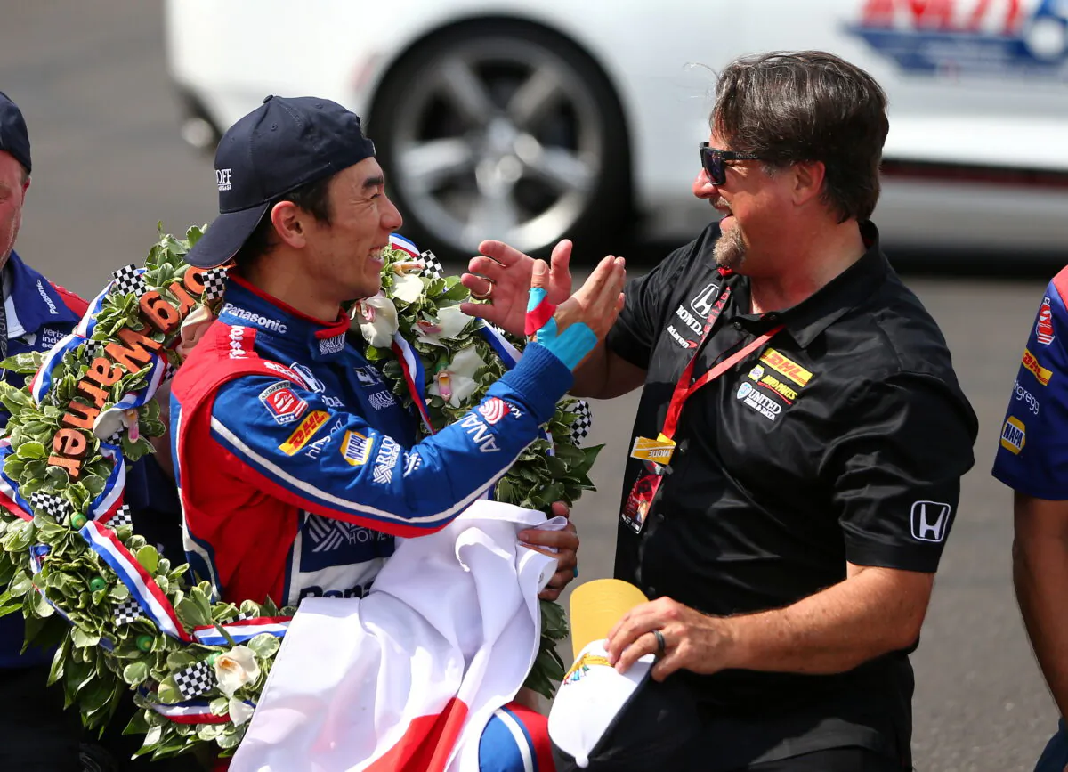 IndyCar Series driver Takuma Sato (left) celebrates with team owner Michael Andretti after winning the 101st Running of the Indianapolis 500 at Indianapolis Motor Speedway, Indianapolis, Ind., USA, on May 28, 2017. (Mark J. Rebilas-USA TODAY Sports/Reuters)