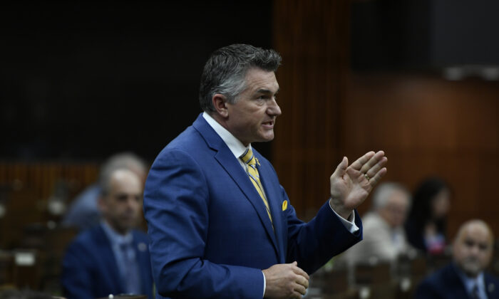 Conservative MP James Bezan rises during Question Period in the House of Commons on Parliament Hill in Ottawa on June 10, 2021. (Justin Tang/The Canadian Press)