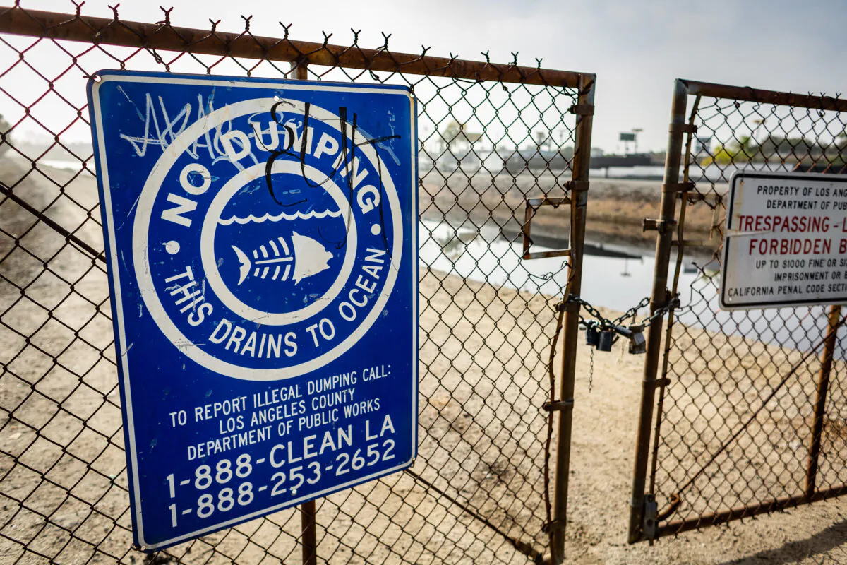 Businesses and residents near the Dominguez Channel have been experiencing a foul odor from the water in Carson, Calif., on Nov. 4, 2021. (John Fredricks/The Epoch Times)