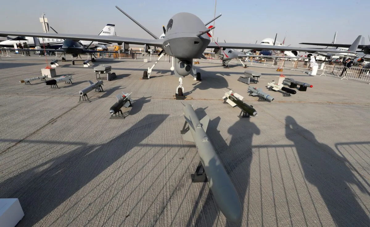A Chinese-made Wing Loong II drone on display during the 2017 Dubai Airshow on Nov. 14, 2017. (Karim Sahib/AFP via Getty Images)