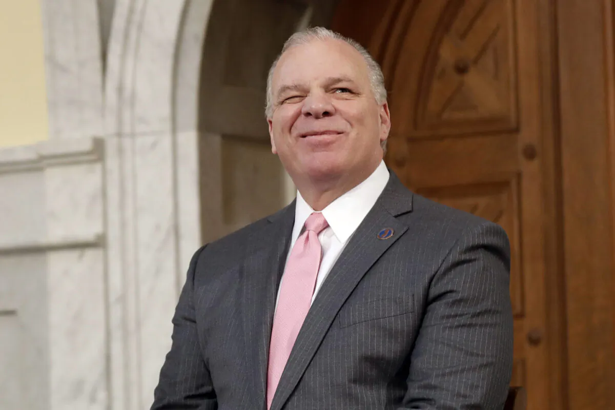 Senate President Steve Sweeney winks at someone before the start of New Jersey Gov. Phil Murphy's budget address in Trenton, N.J. on Feb. 25, 2020. (Seth Wenig/AP Photo/File)