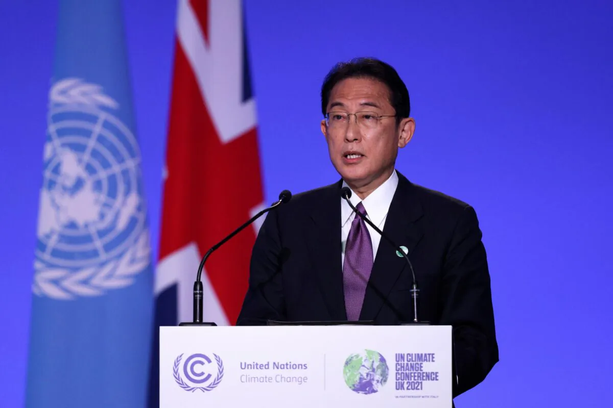 Japan's Prime Minister Fumio Kishida speaks during the UN Climate Change Conference (COP26) in Glasgow, Scotland on Nov. 2, 2021. (Adrian Dennis/Pool via Reuters)