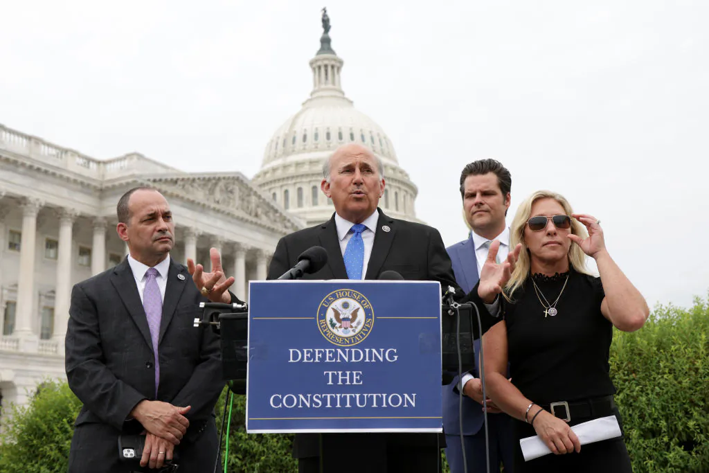  Rep. Louie Gohmert (R-Texas) (2nd L) speaks as Rep. Marjorie Taylor Greene (R-Ga.) (R), Rep. Matt Gaetz (R-Fla.) (3rd L) and Rep. Bob Good (R-Va.) (L) listen during a news conference outside the U.S. Capitol in Washington on July 29, 2021. (Alex Wong/Getty Images)