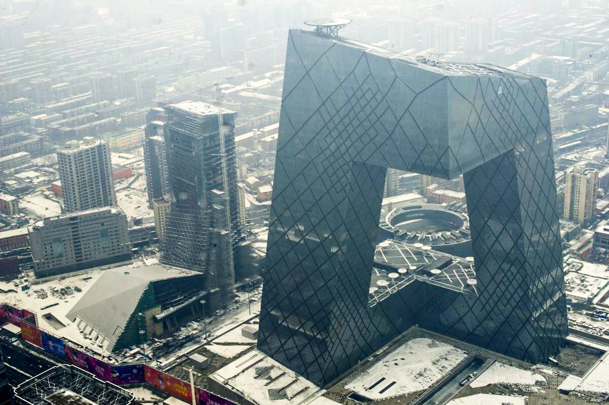 The headquarters of China's state-run broadcaster, CCTV, in Beijing on Feb. 26, 2011. (STR/AFP/Getty Images)