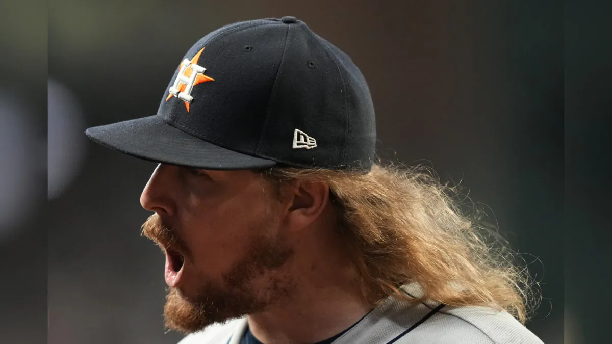 Houston Astros relief pitcher Ryne Stanek celebrates the last out in the seventh inning of Game 5 of baseball's World Series between the Houston Astros and the Atlanta Braves in Atlanta, on Oct. 31, 2021. (David J. Phillip/AP Photo)