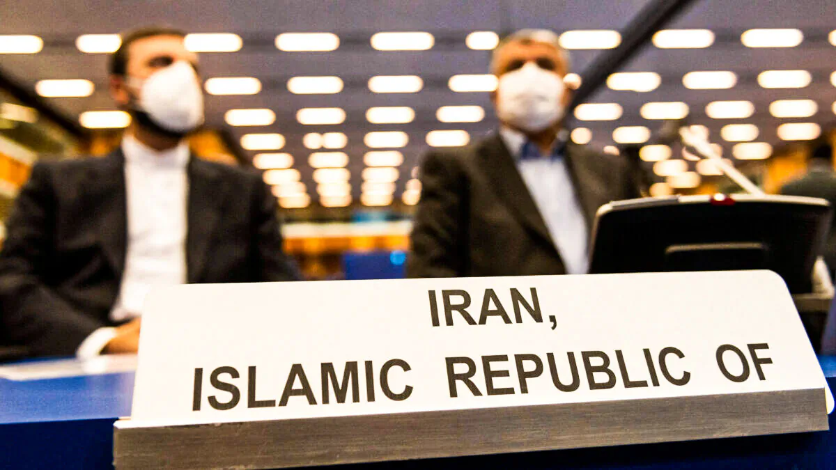 The chief of the Atomic Energy Organization of Iran Mohammad Eslami (R) and Iran's Governor to the International Atomic Energy Agency (IAEA) Kazem Gharib Abadi attend the International Atomic Energy Agency (IAEA) General Conference, an annual meeting of all the IAEA member states, at the agency's headquarters in Vienna, Austria on Sept. 20, 2021. (Joe Klamar/AFP via Getty Images)
