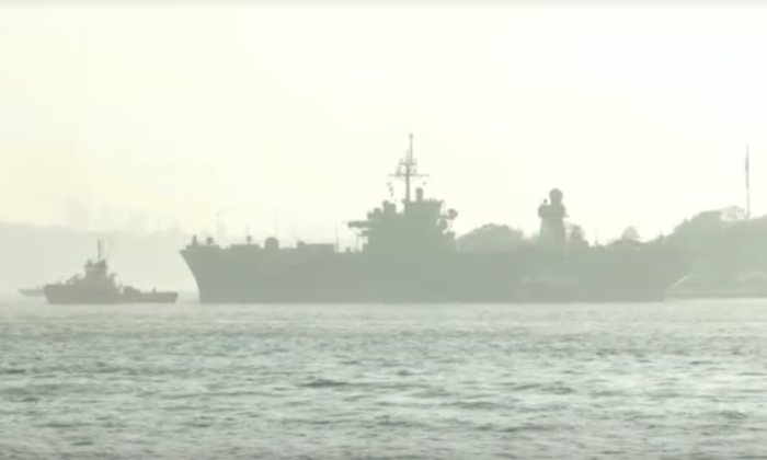 In this still image from the video, the US warship USS Mount Whitney passes through the Bosphorus Strait in Turkey on November 4, 2021.  (Screenshot via Reuters / NTD)