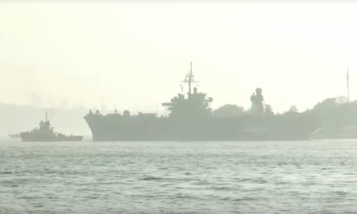 In this still image from video, U.S. warship USS Mount Whitney prepares to sail through the Bosporus Strait in Turkey toward the Black Sea on Nov. 4, 2021. (Reuters/Screenshot via NTD)