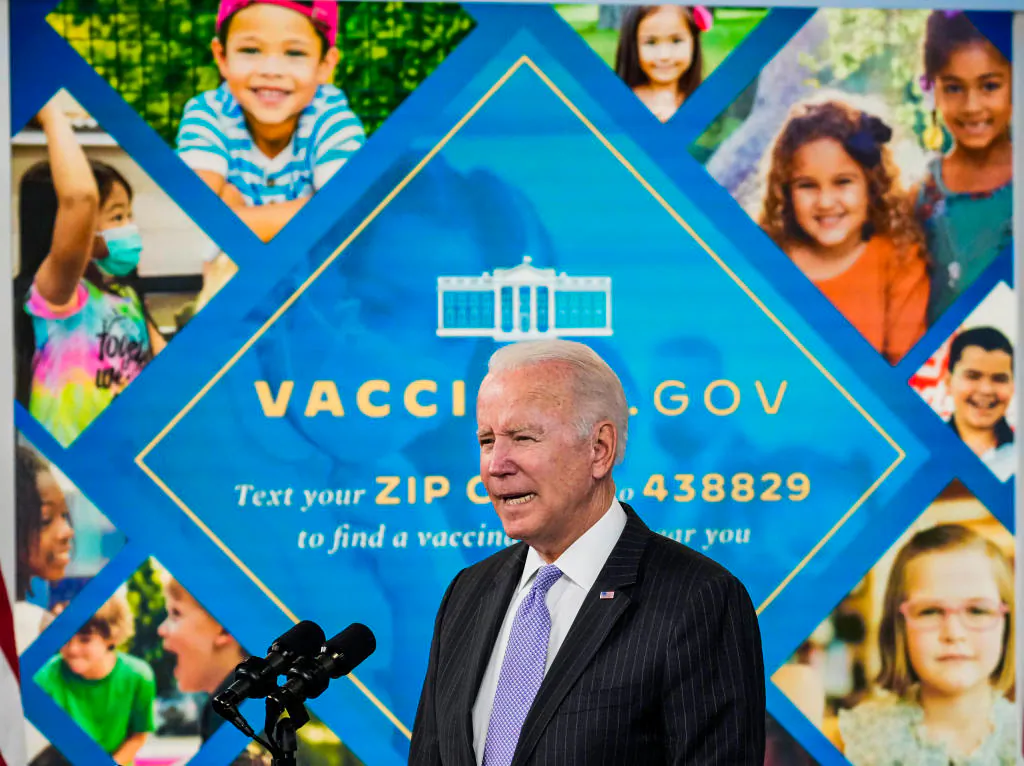 President Joe Biden speaks about the authorization of the Covid-19 vaccine for children ages 5-11, in the South Court Auditorium on the White House campus in Washington, on Nov. 3, 2021. (Drew Angerer/Getty Images)