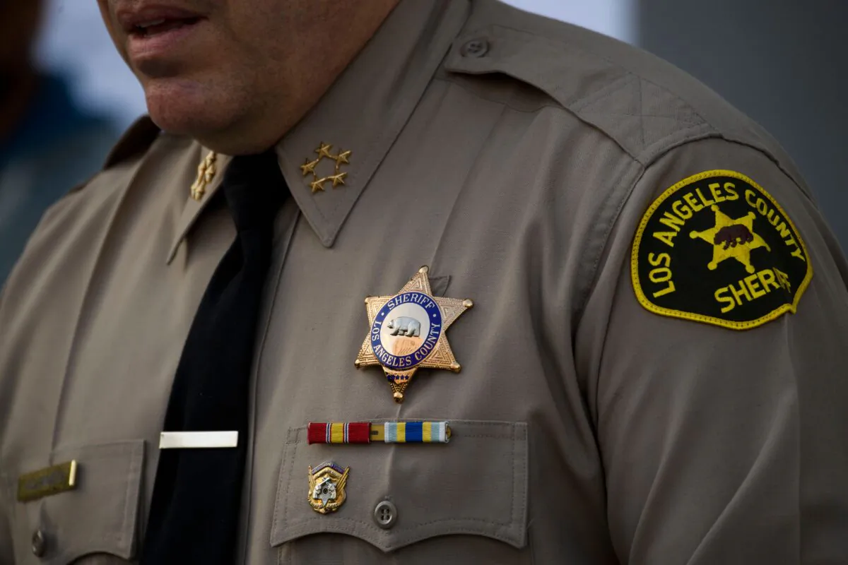 Sheriff Alex Villanueva of the Los Angeles Sheriff's Department speaks about a task force targeting wage theft outside of the Hall of Justice in Los Angeles, on Feb. 9, 2021. (Patrick T. Fallon/AFP via Getty Images)