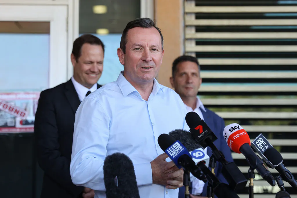 Western Australia Premier Mark McGowan (C) speaks at a press conference in front of the Carnarvon Police Station in Carnarvon, Western Australia, on Nov. 4, 2021. (Tamati Smith/Getty Images)