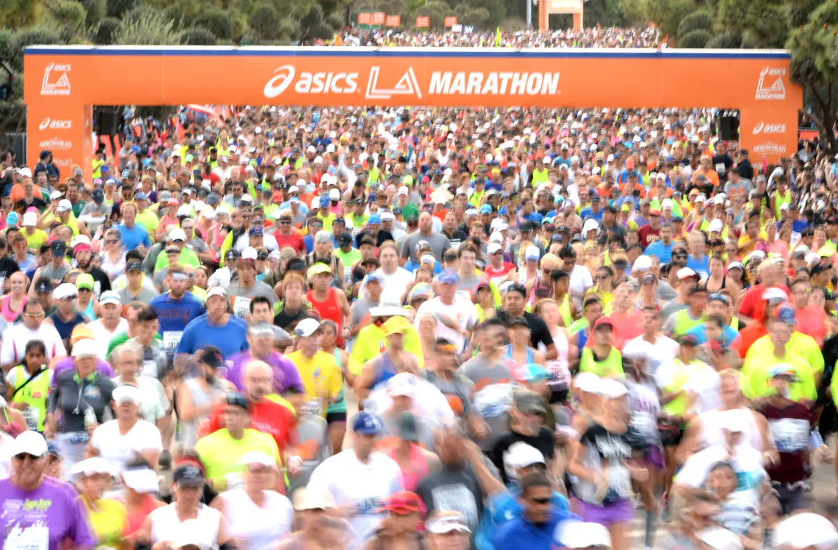 In this file photo, runners start the Los Angeles Marathon in Los Angeles on March 9, 2014. (Harry How/Getty Images)