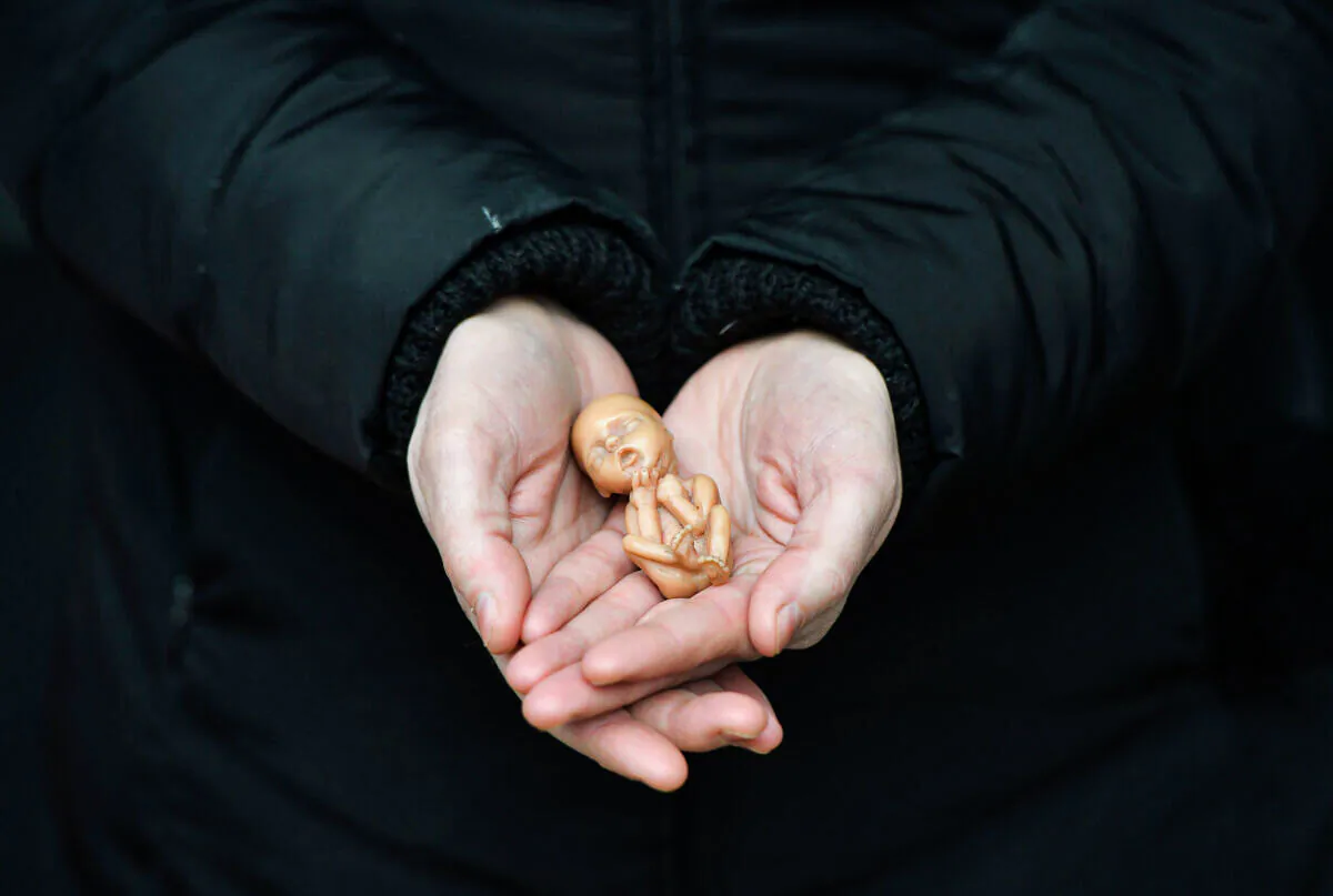 A pro-life campaigner displays a plastic doll representing a 12-week-old fetus as she stands outside the Marie Stopes Clinic in Belfast, Northern Ireland, on April 7, 2016. (Charles McQuillan/Getty Images)