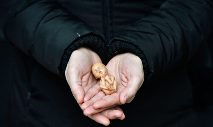 A pro-life campaigner displays a plastic doll representing a 12-week-old fetus as she stands outside the Marie Stopes Clinic in Belfast, Northern Ireland on April 7, 2016. (Charles McQuillan/Getty Images)