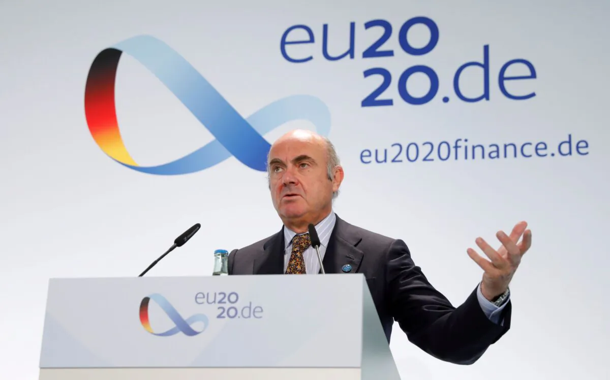 Vice-President of the European Central Bank (ECB) Luis de Guindos gives a statement during the second day of the Informal Meeting of EU Ministers for Economics and Financial Affairs in Berlin, Germany, on Sept. 12, 2020. (Odd Andersen/Pool via Reuters)