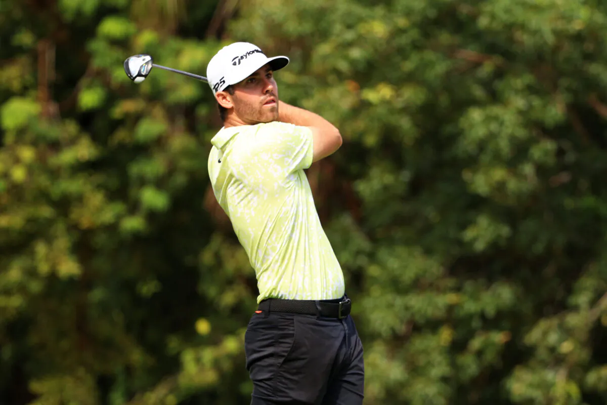 Matthew Wolff of the United States plays his shot from the second tee plays his shot from the second tee during the first round of the World Wide Technology Championship at Mayakoba on the El Camaleon course in Playa del Carmen, on Nov. 04, 2021. (Mike Ehrmann/Getty Images)