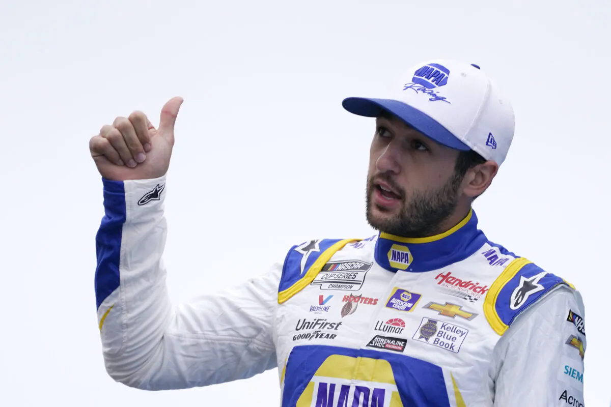 Chase Elliott gestures at a NASCAR Cup Series auto race in Loudon, N.H., on July 18, 2021. (Charles Krupa/AP Photo)