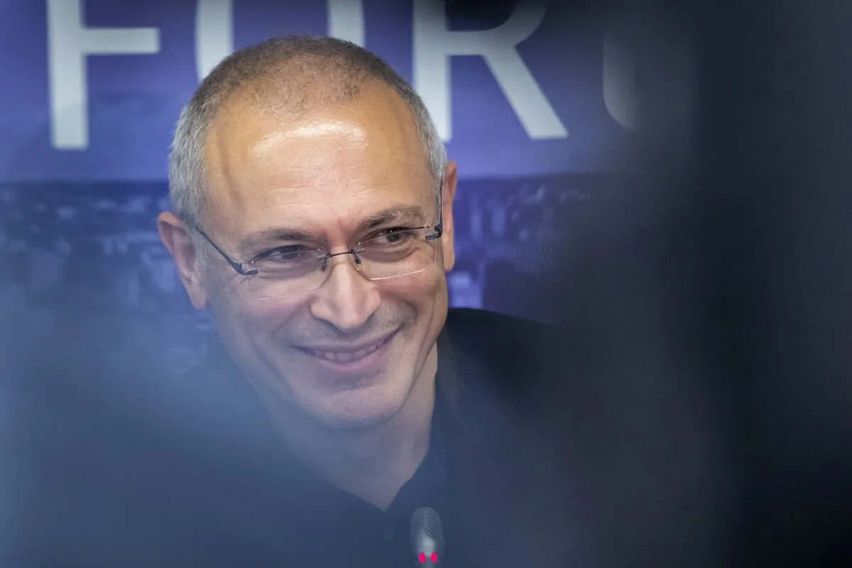 Russian opposition figure and former owner of the Yukos Oil Company Mikhail Khodorkovsky smiles during a news conference after the Vilnius Russia Forum at the "Esperanza" hotel in Paunguriai village, Trakai district west of the capital Vilnius, Lithuania, on Aug. 20, 2021. (Mindaugas Kulbis/AP Photo)