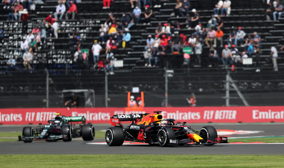 Red Bull's Max Verstappen and Mercedes' Valtteri Bottas in action during practice at Hermanos Rodriguez racetrack in Mexico City, on Nov. 5, 2021, ahead of the Formula One Mexico Grand Prix. (Andres Stapff/Reuters)