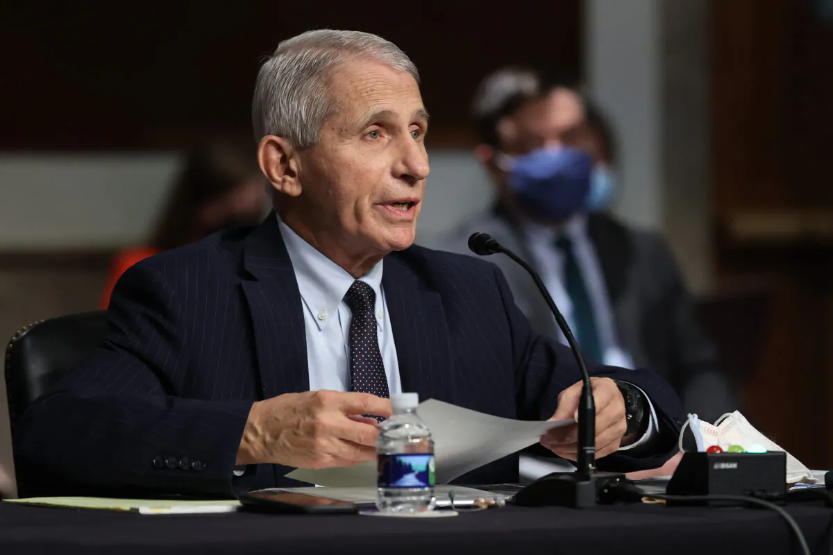Dr. Anthony Fauci, the head of the National Institute of Allergy and Infectious Diseases, testifies to a Senate panel in Washington on Nov. 4, 2021. (Chip Somodevilla/Getty Images)