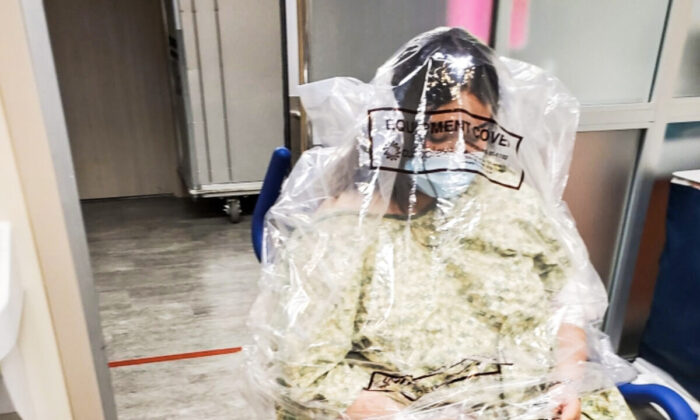 Nayeli Serna was placed under a clear plastic equipment bag in the emergency room of Medical Center Hospital in Odessa, Texas, on Aug. 28, 2021. (The Accountability Project of Odessa)