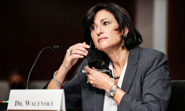 Centers for Disease Control and Prevention Director Rochelle Walensky testifies before the Senate Health, Education, Labor, and Pensions Committee about the ongoing response to the COVID-19 pandemic in the Dirksen Senate Office Building on Capitol Hill in Washington, on Nov. 4, 2021. (Chip Somodevilla/Getty Images)